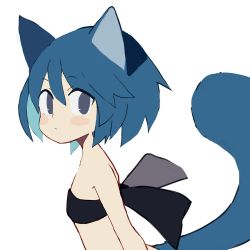 Rule 34 | 1girl, animal ears, bandeau, bare arms, bare shoulders, black bandeau, black eyes, blue hair, blush stickers, closed mouth, commentary, commentary request, hair between eyes, looking at viewer, looking to the side, original, pappii (paprika shikiso), paprika shikiso, short hair, simple background, solo, tail, tail raised, upper body, white background