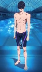 Rule 34 | 10s, 1boy, abs, absurdres, black hair, black jammers, black male swimwear, blurry, blurry background, bulge, facing viewer, free!, full body, hair over eyes, highres, indoors, jammers, male focus, male swimwear, muscular, nanase haruka (free!), pool, poolside, screencap, short hair, solo, starting block, swimsuit, topless male, wet, wet clothes, wet male swimwear, wet swimsuit