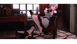 Rule 34 | barbed tongue, bare legs, barefoot, black cat, book, border, braid, cat, commentary request, feet out of frame, grey hair, highres, holding, indoors, izayoi sakuya, knife, maid, maid headdress, parted lips, pocket watch, red eyes, sitting, teapot, toes, touhou, twin braids, watch, white border