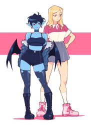 Rule 34 | 2girls, ahoge, bare shoulders, belt, black choker, black footwear, black hair, black shorts, blonde hair, blue jacket, blue skin, boots, choker, closed mouth, collarbone, colored skin, commentary, crescent, cross-laced footwear, earrings, english commentary, full body, fur trim, grey skirt, hand on own hip, height difference, highres, jacket, jewelry, kneehighs, lace-up boots, long sleeves, looking at viewer, looking away, multiple girls, off shoulder, original, parted lips, pink eyes, pink footwear, pleated skirt, pointy ears, polo shirt, shirt, shoelaces, short hair, short shorts, short sleeves, shorts, simple background, skirt, smile, socks, standing, strapless, suoiresnu, thighhighs, torn clothes, torn legwear, tube top, white legwear, wings