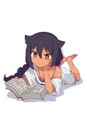 Rule 34 | 1girl, absurdres, ass, barefoot, black hair, book, closed mouth, collarbone, dark-skinned female, dark skin, downblouse, feet, female focus, flat chest, hair between eyes, hair flaps, head rest, highres, holding, holding book, jahy, jahy-sama wa kujikenai!, konbu wakame, legs up, long hair, lying, no bra, on stomach, open book, oversized clothes, reading, red eyes, shadow, simple background, smile, soles, solo, the pose, toes, white background