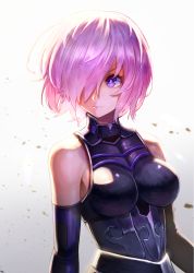 Rule 34 | 1girl, blue eyes, breasts, closed mouth, commentary request, fate/grand order, fate (series), gradient background, grey background, hair over one eye, highres, kuroi susumu, looking to the side, mash kyrielight, medium breasts, pink hair, short hair, solo, white background