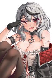 Rule 34 | 1girl, arm strap, black gloves, black hair, black jacket, breasts, brown thighhighs, choker, cleavage, fingerless gloves, gloves, heart, heart choker, highres, hololive, holox, jacket, knees up, large breasts, medium hair, multicolored hair, red eyes, sakamata chloe, seraphim throne, silver hair, sitting, solo, streaked hair, thighhighs, torn clothes, torn thighhighs, virtual youtuber