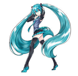Rule 34 | 1girl, aqua eyes, aqua hair, aqua necktie, aqua skirt, ass, bai wang, bare shoulders, black footwear, black outline, black skirt, black sleeves, black thighhighs, blue shirt, boots, breasts, closed mouth, detached sleeves, from behind, full body, hair between eyes, hands on headphones, hatsune miku, headphones, highres, long hair, looking at viewer, looking back, medium breasts, necktie, outline, pleated skirt, shirt, simple background, skirt, sleeveless, sleeveless shirt, smile, solo, standing, thigh boots, thighhighs, twintails, very long hair, vocaloid, white background