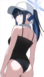 1girl ass baseball_cap black_camisole blue_archive blue_halo camisole colored_inner_hair from_behind halo hat headphones headphones_around_neck highres multicolored_hair nanju_bami official_alternate_costume saori_(blue_archive) saori_(swimsuit)_(blue_archive) simple_background solo white_background white_hat