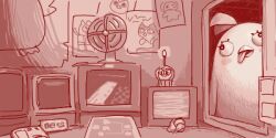Rule 34 | bird, blue archive, blush stickers, bulging eyes, candle, character food, character request, crt, crumpled paper, cupcake, electric fan, five nights at freddy&#039;s, five nights at freddy&#039;s 1, food, indoors, looking at viewer, looking inside, lowres, maibotsumou, monitor, monochrome, no humans, oekaki, parody, peroro (blue archive), poster (object), red theme, tablet pc, tongue, tongue out, wall-eyed, window