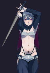 Rule 34 | 1girl, arms up, breasts, closed mouth, cross, grey hair, hair between eyes, highres, holding, holding sword, holding weapon, hong doo, navel, nun, original, pubic tattoo, red eyes, simple background, solo, standing, sword, tattoo, two-handed, weapon