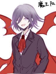 Rule 34 | 1boy, :d, alternate costume, ascot, black jacket, cape, danganronpa (series), danganronpa v3: killing harmony, formal, grey background, hair between eyes, jacket, long sleeves, looking at viewer, male focus, open mouth, oma kokichi, purple eyes, purple hair, qiao xing, red cape, red wings, shirt, short hair, simple background, smile, solo, translation request, upper body, white background, white shirt, wings