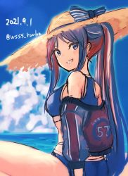 Rule 34 | 1girl, bikini, blue bikini, blue hair, blue jacket, blue sky, cloud, commentary request, dated, day, grin, hat, horizon, jacket, kantai collection, long hair, looking at viewer, multicolored hair, ocean, one-hour drawing challenge, outdoors, ponytail, red hair, sky, smile, solo, south dakota (kancolle), sports bikini, straw hat, sun hat, swimsuit, twitter username, white hair, wss (nicoseiga19993411)