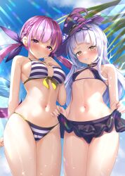 Rule 34 | 2girls, absurdres, ahoge, bikini, bikini skirt, black bikini, blue hair, blunt bangs, blush, braid, breasts, closed mouth, colored inner hair, commentary request, french braid, from below, grey hair, hair ribbon, hairband, hat, highres, hololive, long hair, medium breasts, minato aqua, multicolored hair, multiple girls, murasaki shion, navel, paid reward available, purple bikini, purple eyes, purple hair, purple headwear, purple ribbon, ribbon, shimo (shimo332215), short eyebrows, sidelocks, small breasts, smile, sparkle, standing, streaked hair, striped bikini, striped clothes, swimsuit, thighs, twin braids, twintails, two-tone hair, virtual youtuber, witch hat, yellow eyes