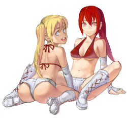 Rule 34 | 2girls, ass, bikini, bikini top only, blonde hair, blue eyes, boots, breasts, cleavage, elbow gloves, fingerless gloves, gloves, groin, highres, medium breasts, multiple girls, navel, original, ponytail, red eyes, red hair, salamander (jonbonjovi82), short twintails, shorts, sitting, spread legs, swimsuit, twintails, wariza