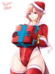 Rule 34 | 1girl, absurdres, alternate costume, azur lane, box, breasts, brown hair, capelet, christmas present, clemenceau (azur lane), coattails, collar, commentary, cowboy shot, elbow gloves, english commentary, french text, fur-trimmed capelet, fur trim, gift, gift box, gloves, gluteal fold, gold choker, groin, hat, highres, holding, holding gift, large breasts, leotard, long hair, looking at viewer, musanix, parted lips, red collar, red eyes, red gloves, red leotard, red thighhighs, santa costume, santa hat, sidelocks, simple background, skindentation, solo focus, standing, thighhighs, white background