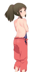 Rule 34 | 00s, 1girl, apron, ass, back, bare arms, bare back, bare shoulders, black eyes, black hair, child, closed mouth, feet out of frame, female focus, from behind, highres, hizuki akira, looking at viewer, looking back, medium hair, nose, ogino chihiro, pants, pink pants, ponytail, sen to chihiro no kamikakushi, shoulder blades, simple background, solo, studio ghibli, tareme, white background