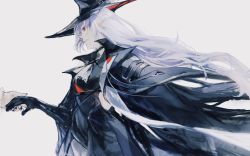 Rule 34 | 1girl, arknights, ascot, black gloves, black headwear, commentary, elbow gloves, floating hair, gladiia (arknights), gloves, grey hair, hat, high collar, highres, holding hands, long hair, out of frame, pointy ears, profile, red eyes, simple background, sushiwa, white ascot, white background