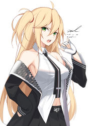 Rule 34 | 1girl, admiral hipper (azur lane), admiral hipper (muse) (azur lane), ahoge, azur lane, bare shoulders, belt, black coat, black skirt, blonde hair, breasts, checkered clothes, checkered jacket, coat, collared shirt, dated, fingerless gloves, gloves, green eyes, hair between eyes, hand on own hip, hand up, jacket, long hair, long sleeves, looking at viewer, medium breasts, midriff peek, necktie, off shoulder, one side up, open clothes, open coat, open mouth, pleated skirt, shirt, sidelocks, signature, simple background, skirt, sleeveless, sleeveless shirt, solo, twitter username, unel, upper body, white background, white gloves, white shirt