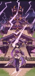 Rule 34 | 1girl, absurdres, architecture, black hair, black legwear, breasts, commentary, dark, east asian architecture, english commentary, genshin impact, highres, japanese clothes, kyochiii, large breasts, lightning, long hair, looking at viewer, multicolored hair, night, purple eyes, purple hair, raiden shogun, solo, two-tone hair