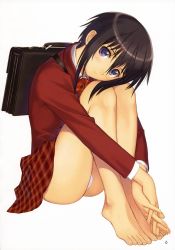 Rule 34 | 00s, 1girl, ass, bag, bamboo blade, bare legs, barefoot, bow, female focus, full body, head tilt, highres, kawazoe tamaki, looking at viewer, miniskirt, non-web source, own hands clasped, own hands together, panties, pantyshot, plaid, plaid skirt, purple eyes, red skirt, scan, school bag, school uniform, simple background, sitting, skirt, solo, thighs, toes, tony taka, underwear, white background, white panties
