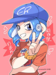 Rule 34 | 1girl, baseball cap, blue eyes, blue hair, blush, commentary request, eromame, hand gesture, hat, inkling (language), looking at viewer, nintendo, octoling girl, octoling player character, shirt, smile, solo, splatoon (series), splatoon 3, t-shirt, tentacle hair, w, wristband