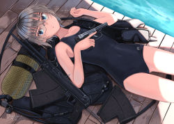 Rule 34 | 1girl, aps underwater rifle, assault rifle, bare shoulders, black one-piece swimsuit, blue eyes, central scientific institute for precision machine building, closed mouth, collarbone, competition swimsuit, covered navel, dreadtie, from above, goggles, gun, handgun, holding, holding gun, holding weapon, long gun, looking at viewer, lying, multiple-barrel firearm, needlegun, on back, on floor, one-piece swimsuit, original, oxygen tank, pepper-box, pepper-box pistol, pistol, quadruple-barreled pistol, rifle, rimless eyewear, short hair, sidearm, silver hair, solo, spp-1 underwater pistol, swimsuit, toz (tulsky oruzheiny zavod), trigger discipline, tsniitochmash, tula arms plant, underwater firearm, underwater magazine, volley gun, water, weapon