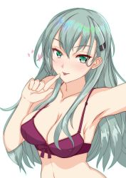 Rule 34 | 1girl, absurdres, aqua hair, bra, breasts, cleavage, commentary request, green eyes, hair ornament, hairclip, highres, kantai collection, large breasts, long hair, looking at viewer, nitamako (sakamalh), purple bra, simple background, solo, suzuya (kancolle), tongue, tongue out, underwear, upper body, white background