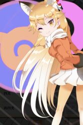 Rule 34 | 1girl, animal ears, artist request, blonde hair, bow, bowtie, etohana, extra ears, ezo red fox (kemono friends), fox ears, fox girl, fox tail, jacket, japari symbol, kemono friends, long hair, looking at viewer, official art, one eye closed, simple background, skirt, solo, tail, thighhighs, yellow eyes