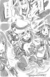 Rule 34 | 10s, 4girls, abyssal ship, belt, blood, blood from mouth, blood on face, buttons, clenched hand, comic, dress, elbow gloves, flat cap, gloves, greyscale, hair between eyes, hair over shoulder, hammer and sickle, hat, hibiki (kancolle), kantai collection, kasumi (kancolle), long hair, long sleeves, machinery, monochrome, multiple girls, neck ribbon, neckerchief, northern water princess, open mouth, outstretched arm, pinafore dress, pleated skirt, remodel (kantai collection), ribbon, rigging, round teeth, sagamiso, sailor collar, samidare (kancolle), school uniform, serafuku, shirt, skirt, sleeveless, sleeveless dress, sleeveless shirt, smoke, standing, standing on liquid, sweatdrop, swept bangs, teeth, translated, turret, twitter username, verniy (kancolle), very long hair, water, weapon