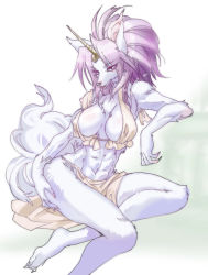 Rule 34 | 1girl, absurdly long hair, animal ear fluff, animal ears, armor, bad id, bad pixiv id, big hair, body fur, boots, breasts, cleavage, closed mouth, collarbone, colored eyelashes, eyebrows, eyelashes, full body, fur collar, fur trim, furry, furry female, horns, legend of mana, long hair, purple eyes, purple hair, seiken densetsu, sierra (lom), simple background, single horn, snout, solo, swimsuit, tail, torimeiro, very long hair, white background, wolf ears, wolf girl, wolf tail