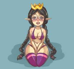 Rule 34 | 1girl, bikini, black hair, blush, breasts, buttingston, cleavage, crown, fairy, fairy queen (khimera), female focus, glasses, highres, hip focus, khimera destroy all monster girls, long hair, looking at viewer, medium breasts, monster girl, open mouth, panties, ribbon, smile, solo, swimsuit, thighhighs, twintails, underwear