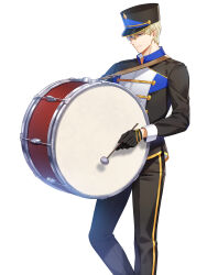 Rule 34 | 1boy, alternate hair color, band uniform, bass drum, black gloves, black hat, black jacket, black pants, blonde hair, buttons, closed mouth, closers, collared jacket, double-breasted, drum, drumsticks, feet out of frame, gloves, grey eyes, hat, high collar, highres, holding, holding drumsticks, j (closers), jacket, long sleeves, looking at viewer, male focus, marching band, official art, pants, shako cap, short hair, single vertical stripe, smile, solo, standing, uniform, white background