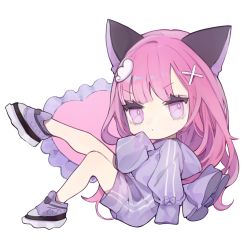 Rule 34 | 1girl, :o, animal ears, bright pupils, cat ears, chibi, clothing request, commentary, eyelashes, fake animal ears, hair ornament, hand to own mouth, highres, knee up, knees, leg up, long hair, looking at viewer, original, pink eyes, pink hair, purple footwear, reclining, shoes, simple background, sneakers, solo, tokiwata soul, v-shaped eyebrows, white background, white pupils, x hair ornament