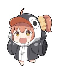 Rule 34 | 1girl, aged down, ahoge, animal hood, brown eyes, chibi, cosplay, fate/grand order, fate (series), fujimaru ritsuka (female), gale kawaii, hair ornament, hair scrunchie, hood, meltryllis, meltryllis (fate), meltryllis (swimsuit lancer) (fate), meltryllis (swimsuit lancer) (fate) (cosplay), meltryllis (swimsuit lancer) (first ascension) (fate), open mouth, orange hair, outstretched arms, penguin hood, scrunchie, side ponytail, sleeves past fingers, sleeves past wrists, smile, solo