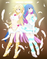 Rule 34 | 10s, 2girls, ankle lace-up, blonde hair, blue eyes, blue hair, bow, corset, cross-laced footwear, ekra, feathers, hair bow, high heels, highres, legs, long hair, midriff, multiple girls, nail polish, navel, panty &amp; stocking with garterbelt, panty (psg), pink nails, purple nails, shoes, siblings, sisters, skirt, smile, stocking (psg), striped legwear, thighhighs, very long hair, winged footwear, wings