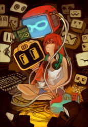 Rule 34 | 1990s (style), 1girl, book, cable, computer, cowboy bebop, cup, edward wong hau pepelu tivrusky iv, glasses, headphones, headphones around neck, keyboard, computer keyboard, lack, aged up, open book, orange hair, reading, robot, saucer, screen, solo, wire