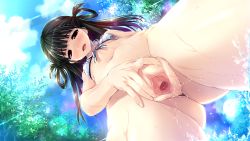 Rule 34 | 1girl, bikini, bikini top only, black eyes, black hair, blunt bangs, blush, bottomless, breasts, clitoris, clochette, female focus, from below, game cg, gluteal fold, haruru minamo ni!, highres, long hair, looking down, plant, pussy, pussy juice, shintarou, sky, small breasts, solo, spread pussy, standing, swimsuit, thighs, third-party edit, tree, uncensored, wet, yamagami miori