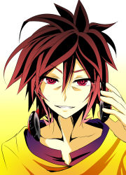 Rule 34 | 1boy, brown hair, collarbone, hair between eyes, headphones, headphones around neck, highres, holding, holding headphones, male focus, mimi0846, no game no life, portrait, red eyes, shirt, solo, sora (no game no life), spiked hair, yellow shirt