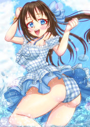 Rule 34 | 1girl, absurdres, aqua bow, aqua eyes, arm garter, arm ribbon, artist name, artist request, bare legs, bare shoulders, bikini, bikini skirt, blue bow, blue eyes, blue sky, blush, bow, bracelet, breasts, brown hair, checkered bow, checkered clothes, checkered swimsuit, cleavage, clenched hands, cloud, collarbone, cross-laced clothes, cross-laced one-piece swimsuit, day, dress, dress swimsuit, female focus, floating hair, frilled swimsuit, frills, hair between eyes, hair bow, half updo, high ponytail, highres, jewelry, long hair, looking at viewer, love live!, love live! nijigasaki high school idol club, love live! school idol festival, medium breasts, one-piece swimsuit, osaka shizuku, outdoors, parted lips, pearl bracelet, plaid, plaid dress, pleated, pleated dress, ponytail, ribbon, sky, smile, solo, swimsuit, wavy hair, white ribbon
