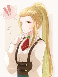 Rule 34 | 1girl, blonde hair, closed mouth, fire emblem, fire emblem engage, highres, jade (fire emblem), long hair, long sleeves, looking at viewer, necktie, nintendo, official alternate costume, ponytail, shirt, simple background, solo, suspenders, upper body, very long hair, white shirt, yellow eyes, yutohiroya
