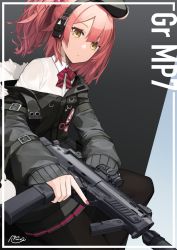 Rule 34 | 1girl, ahoge, bare shoulders, beret, commission, expressionless, girls&#039; frontline, gun, h&amp;k mp7, hat, headset, medium hair, mp7 (girls&#039; frontline), nail polish, pantyhose, pleated skirt, red hair, red nails, skeb commission, skirt, solo, submachine gun, weapon, yellow eyes, zhibuji loom
