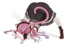 Rule 34 | ahoge, animal ears, bare arms, black dress, black ribbon, blush, boots, cat ears, cat tail, covering face, dress, embarrassed, frilled dress, frilled hairband, frills, gothic lolita, gradient hair, hairband, highres, indie virtual youtuber, jack-o&#039; challenge, lolita fashion, mikeneko (vtuber), mikeneko (vtuber) (1st costume), milk tea 1993, multicolored hair, pink hair, purple hair, ribbon, simple background, steam, steaming body, tail, thighhighs, virtual youtuber