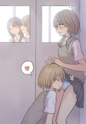 Rule 34 | 4girls, absurdres, betock, blue eyes, blush, brown hair, closed eyes, closed mouth, commentary request, commission, grey hair, heart, highres, light brown hair, multiple girls, original, panties, pixiv commission, school uniform, scrunchie, smelling, smelling clothes, smelling underwear, smile, spoken heart, underwear, uniform, yuri