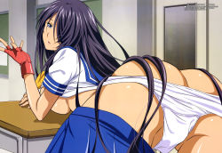 Rule 34 | 1girl, absurdres, antenna hair, ass, bent over, breasts, butt crack, classroom, clothes lift, desk, fingerless gloves, from behind, gloves, hair over one eye, highres, ikkitousen, indoors, kan&#039;u unchou, large breasts, long hair, looking at viewer, looking back, megami magazine, no bra, noguchi takayuki, official art, on desk, panties, panty pull, red gloves, school desk, school uniform, shiny skin, shirt lift, skirt, solo, underboob, underwear, very long hair, white panties