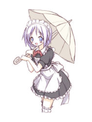 Rule 34 | 00s, 1girl, alternate costume, blush, bow, cropped legs, enmaided, female focus, frills, hiiragi tsukasa, holding, leaning forward, looking at viewer, lucky star, maid, maid headdress, mel (artist), mel (melty pot), open mouth, purple hair, short hair, simple background, smile, solo, thighhighs, umbrella, white background, white thighhighs, zettai ryouiki
