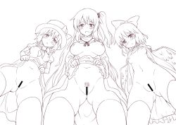 Rule 34 | 3girls, bar censor, blush, breasts, breasts out, censored, clothes lift, female pubic hair, from below, gin&#039;you haru, greyscale, hair ornament, hair ribbon, hat, highres, large breasts, lifted by self, long hair, looking at viewer, looking down, mai (touhou), monochrome, multiple girls, navel, nipples, no bra, no panties, open clothes, open shirt, pubic hair, pussy, ribbon, shinki (touhou), shirt, skirt, skirt lift, small breasts, thighhighs, top hat, touhou, touhou (pc-98), very long hair, wings, yuki (touhou)