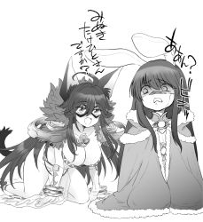 Rule 34 | 2girls, ahoge, animal ears, bangle, blush, bracelet, breasts, cape, cat ears, cat girl, cat tail, cleavage, commentary request, detached sleeves, dress, eye mask, fang, full body, fur-trimmed cape, fur collar, fur trim, goinkyo, greyscale, highres, jewelry, large breasts, long hair, looking at another, mizuki takehito, monochrome, multiple girls, no panties, official alternate costume, open mouth, rabbit ears, ragnarok online, scared, see-through, see-through dress, simple background, skin fang, sorcerer (ragnarok online), tail, translation request, warlock (ragnarok online)