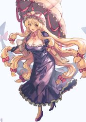 Rule 34 | 1girl, :d, absurdres, blonde hair, blush, bow, breasts, cleavage, dress, full body, gap (touhou), gloves, grey background, hair bow, hat, hat ribbon, high heels, highres, holding, holding umbrella, large breasts, long hair, looking at viewer, mob cap, ootato, open mouth, parasol, purple dress, purple eyes, ribbon, smile, solo, touhou, umbrella, very long hair, white gloves, white hat, yakumo yukari