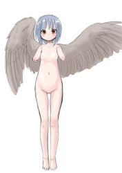 Rule 34 | 1girl, amputee, angel, angel wings, blue hair, breasts, female focus, full body, gluteal fold, jpeg artifacts, kurotsutsuki, navel, nipples, nude, original, simple background, solo, thigh gap, white background, wings