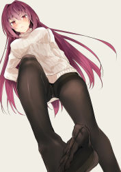 Rule 34 | 1girl, absurdres, black pantyhose, blush, breasts, brown background, commentary request, dutch angle, fate/grand order, fate (series), feet, foot focus, foreshortening, hair between eyes, highres, large breasts, long hair, looking at viewer, no pants, no shoes, panties, panties under pantyhose, pantyhose, parted lips, purple hair, red eyes, ribbed sweater, scathach (fate), simple background, solo, standing, standing on one leg, sweater, thighband pantyhose, toes, tomozero, turtleneck, turtleneck sweater, underwear, very long hair, white sweater