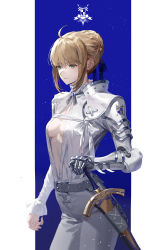 Rule 34 | 1girl, ahoge, alternate costume, armor, artoria pendragon (all), artoria pendragon (fate), belt, blonde hair, blue ribbon, braid, breasts, center opening, excalibur (fate/stay night), fajyobore, fate/stay night, fate (series), french braid, gauntlets, green eyes, hair bun, hair ribbon, highres, long hair, long sleeves, medium breasts, pants, pauldrons, ribbon, saber (fate), scabbard, sheath, shirt, shoulder armor, sidelocks, single gauntlet, single hair bun, single pauldron, solo, sword, thighs, weapon, white pants, white shirt