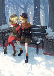 Rule 34 | 1boy, 1girl, absurdres, alternate costume, arm support, bare shoulders, bench, beret, black footwear, black headwear, black jacket, blonde hair, blue eyes, blush, bobby socks, boots, brother and sister, brown footwear, brown headwear, brown shirt, brown shorts, brown skirt, closed mouth, fake nose, fence, fog, footprints, forest, fur-trimmed boots, fur trim, gloves, hair ornament, hat, highres, holly hair ornament, jacket, kagamine len, kagamine rin, knees together feet apart, layered shirt, looking at another, nail polish, nature, off-shoulder shirt, off shoulder, open mouth, orange scarf, orange socks, outdoors, pantyhose, plaid, plaid skirt, pom pom (clothes), porkpie hat, red gloves, red pantyhose, red shirt, rudolph the red nosed reindeer, scarf, shirt, short hair, shorts, siblings, sitting, skirt, sleeveless, sleeveless turtleneck, smile, snow, snowflake hair ornament, snowing, socks, surprised, swept bangs, tree, turtleneck, twins, vocaloid, winter, winter clothes, yal (lily910218), yellow nails