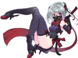Rule 34 | 1girl, chromatic aberration, commentary request, elbow gloves, full body, gloves, hair ornament, highres, kunai, looking at viewer, mask, mouth mask, ninja, ninja mask, oota youjo, original, purple thighhighs, scarf, sheath, sheathed, shoe blade, simple background, solo, thighhighs, twintails, weapon, white background